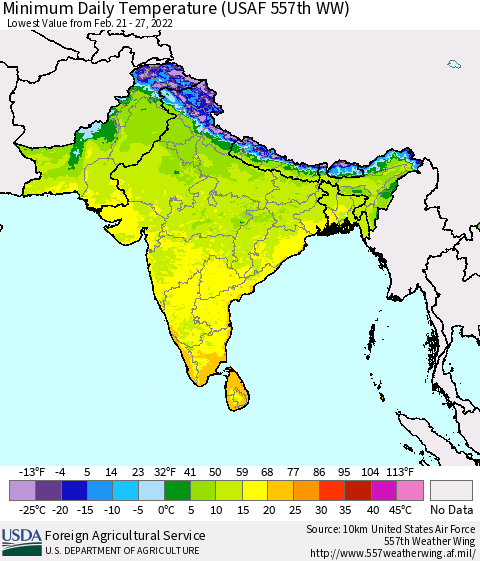 Southern Asia Minimum Daily Temperature (USAF 557th WW) Thematic Map For 2/21/2022 - 2/27/2022