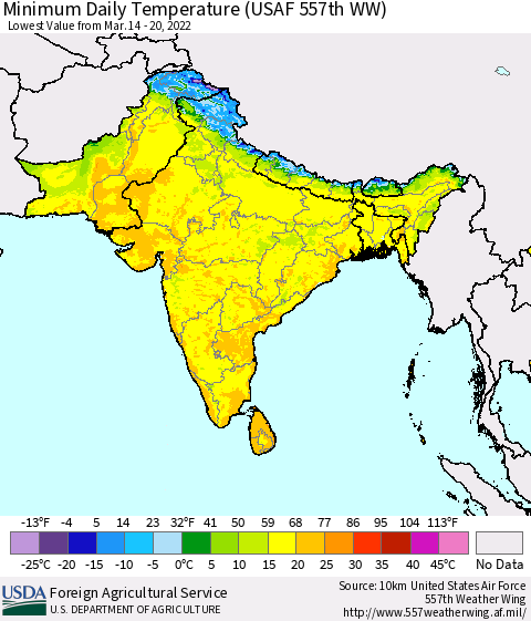 Southern Asia Minimum Daily Temperature (USAF 557th WW) Thematic Map For 3/14/2022 - 3/20/2022