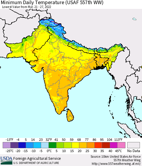 Southern Asia Minimum Daily Temperature (USAF 557th WW) Thematic Map For 3/21/2022 - 3/27/2022