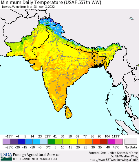 Southern Asia Minimum Daily Temperature (USAF 557th WW) Thematic Map For 3/28/2022 - 4/3/2022