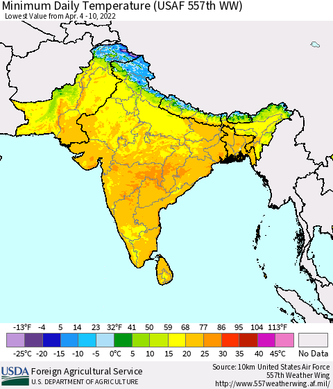 Southern Asia Minimum Daily Temperature (USAF 557th WW) Thematic Map For 4/4/2022 - 4/10/2022