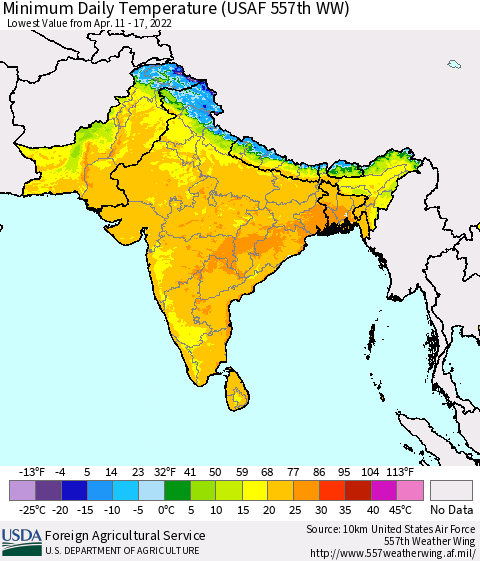 Southern Asia Minimum Daily Temperature (USAF 557th WW) Thematic Map For 4/11/2022 - 4/17/2022