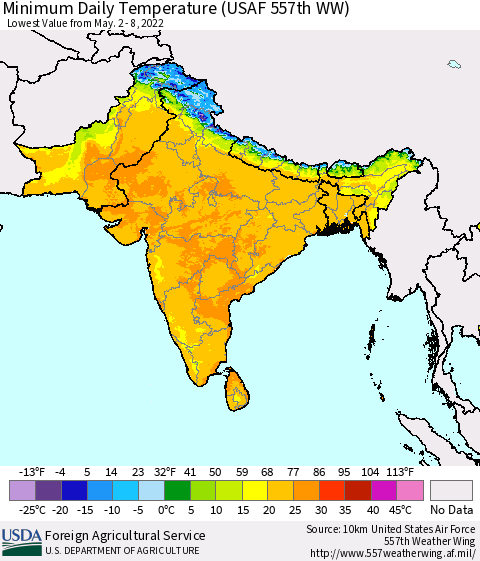 Southern Asia Minimum Daily Temperature (USAF 557th WW) Thematic Map For 5/2/2022 - 5/8/2022