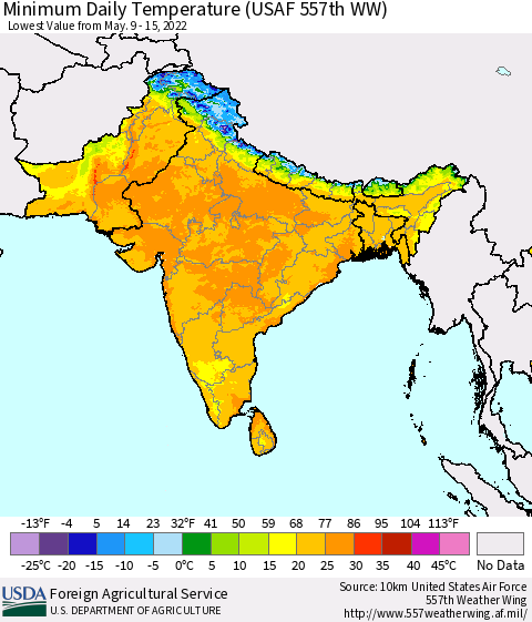 Southern Asia Minimum Daily Temperature (USAF 557th WW) Thematic Map For 5/9/2022 - 5/15/2022