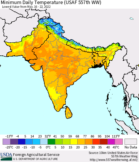 Southern Asia Minimum Daily Temperature (USAF 557th WW) Thematic Map For 5/16/2022 - 5/22/2022