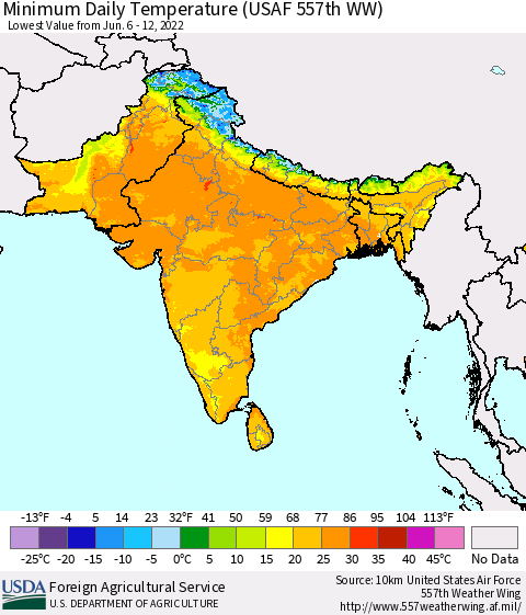 Southern Asia Extreme Minimum Temperature (USAF 557th WW) Thematic Map For 6/6/2022 - 6/12/2022