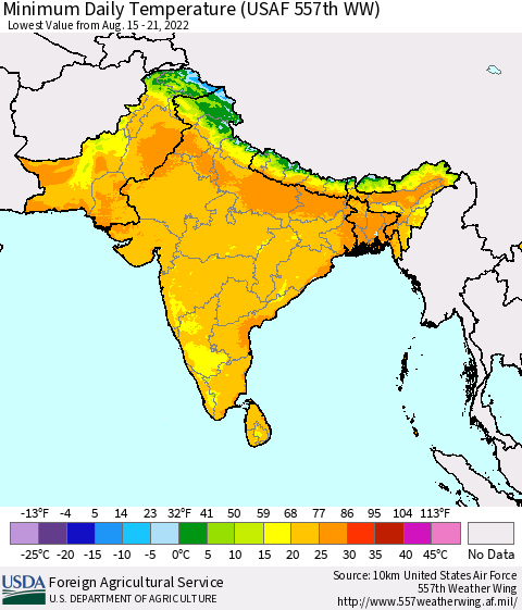 Southern Asia Minimum Daily Temperature (USAF 557th WW) Thematic Map For 8/15/2022 - 8/21/2022