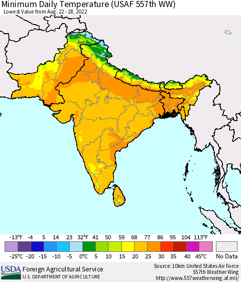 Southern Asia Minimum Daily Temperature (USAF 557th WW) Thematic Map For 8/22/2022 - 8/28/2022