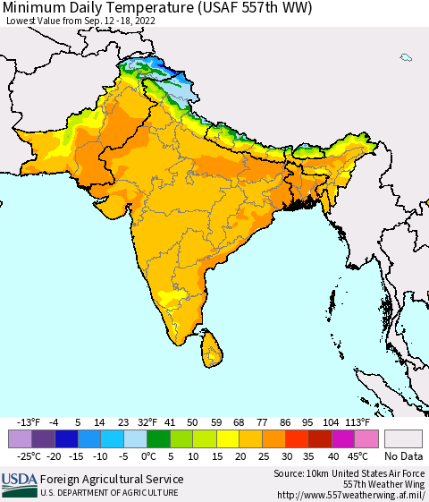 Southern Asia Minimum Daily Temperature (USAF 557th WW) Thematic Map For 9/12/2022 - 9/18/2022