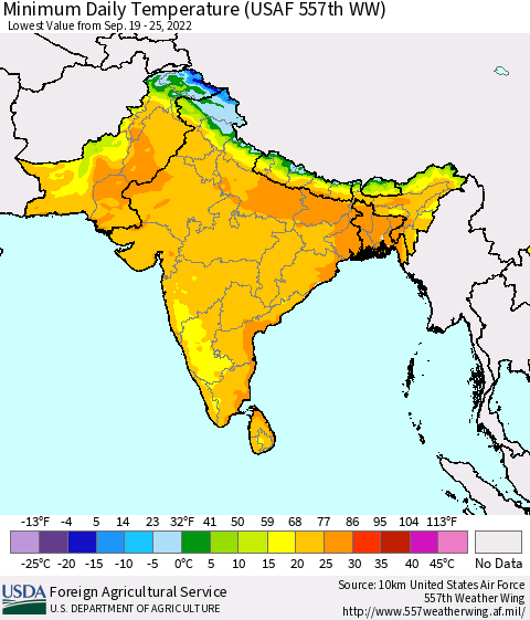 Southern Asia Minimum Daily Temperature (USAF 557th WW) Thematic Map For 9/19/2022 - 9/25/2022