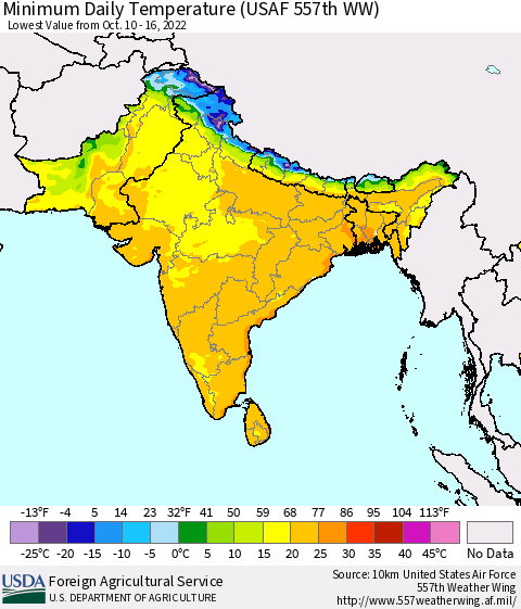 Southern Asia Minimum Daily Temperature (USAF 557th WW) Thematic Map For 10/10/2022 - 10/16/2022