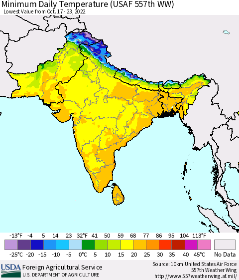 Southern Asia Minimum Daily Temperature (USAF 557th WW) Thematic Map For 10/17/2022 - 10/23/2022