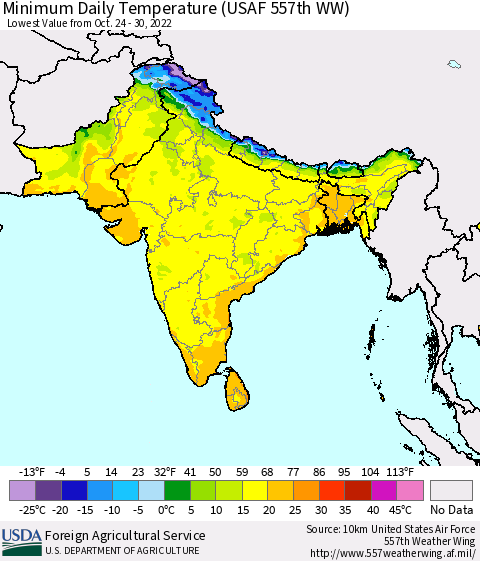 Southern Asia Minimum Daily Temperature (USAF 557th WW) Thematic Map For 10/24/2022 - 10/30/2022