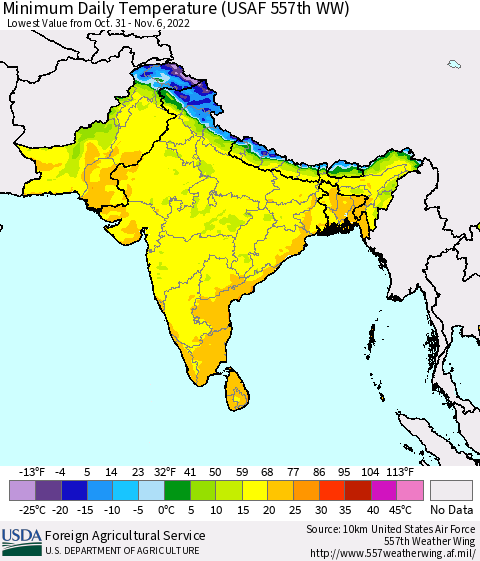 Southern Asia Minimum Daily Temperature (USAF 557th WW) Thematic Map For 10/31/2022 - 11/6/2022