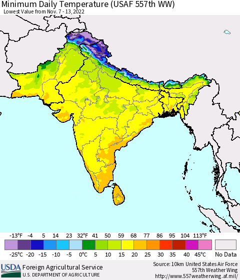 Southern Asia Minimum Daily Temperature (USAF 557th WW) Thematic Map For 11/7/2022 - 11/13/2022
