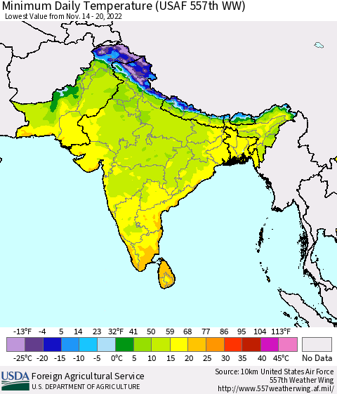 Southern Asia Minimum Daily Temperature (USAF 557th WW) Thematic Map For 11/14/2022 - 11/20/2022