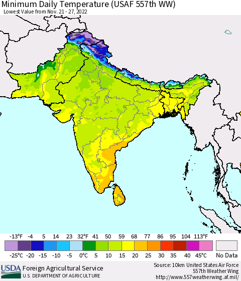 Southern Asia Minimum Daily Temperature (USAF 557th WW) Thematic Map For 11/21/2022 - 11/27/2022