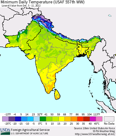Southern Asia Minimum Daily Temperature (USAF 557th WW) Thematic Map For 12/5/2022 - 12/11/2022