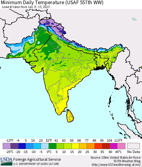 Southern Asia Minimum Daily Temperature (USAF 557th WW) Thematic Map For 1/9/2023 - 1/15/2023