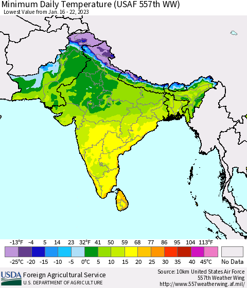 Southern Asia Minimum Daily Temperature (USAF 557th WW) Thematic Map For 1/16/2023 - 1/22/2023
