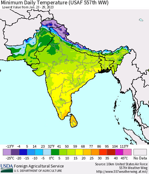 Southern Asia Minimum Daily Temperature (USAF 557th WW) Thematic Map For 1/23/2023 - 1/29/2023