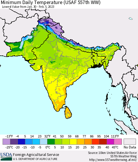 Southern Asia Minimum Daily Temperature (USAF 557th WW) Thematic Map For 1/30/2023 - 2/5/2023