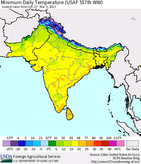 Southern Asia Minimum Daily Temperature (USAF 557th WW) Thematic Map For 2/27/2023 - 3/5/2023