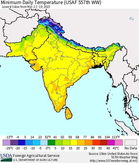 Southern Asia Minimum Daily Temperature (USAF 557th WW) Thematic Map For 3/13/2023 - 3/19/2023