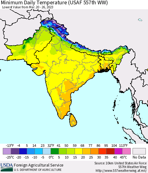 Southern Asia Minimum Daily Temperature (USAF 557th WW) Thematic Map For 3/20/2023 - 3/26/2023