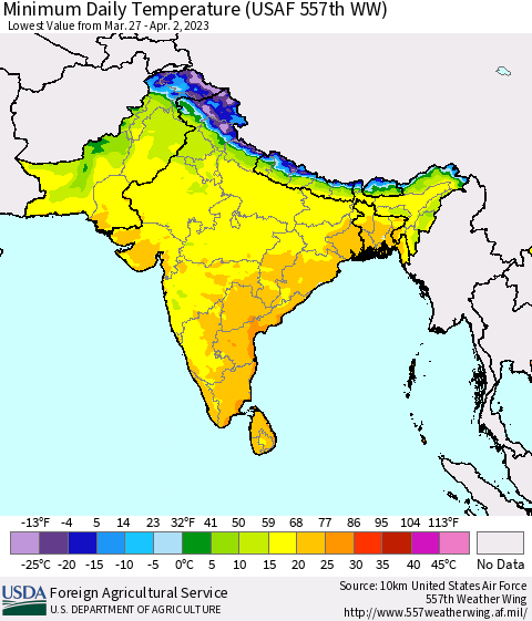 Southern Asia Minimum Daily Temperature (USAF 557th WW) Thematic Map For 3/27/2023 - 4/2/2023