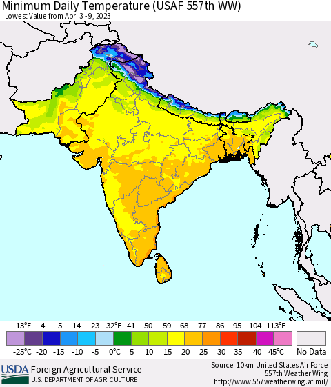 Southern Asia Minimum Daily Temperature (USAF 557th WW) Thematic Map For 4/3/2023 - 4/9/2023