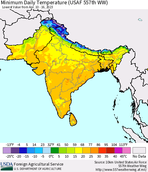 Southern Asia Minimum Daily Temperature (USAF 557th WW) Thematic Map For 4/10/2023 - 4/16/2023