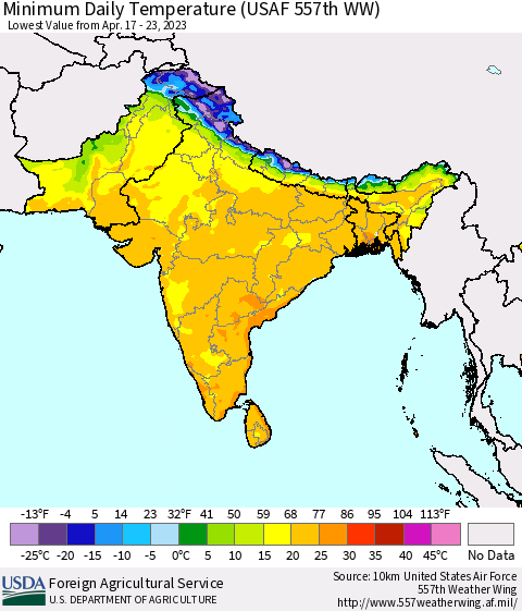 Southern Asia Minimum Daily Temperature (USAF 557th WW) Thematic Map For 4/17/2023 - 4/23/2023