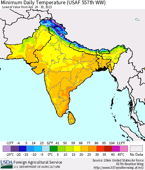 Southern Asia Minimum Daily Temperature (USAF 557th WW) Thematic Map For 4/24/2023 - 4/30/2023