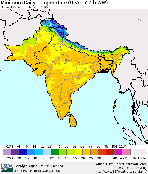 Southern Asia Minimum Daily Temperature (USAF 557th WW) Thematic Map For 5/1/2023 - 5/7/2023