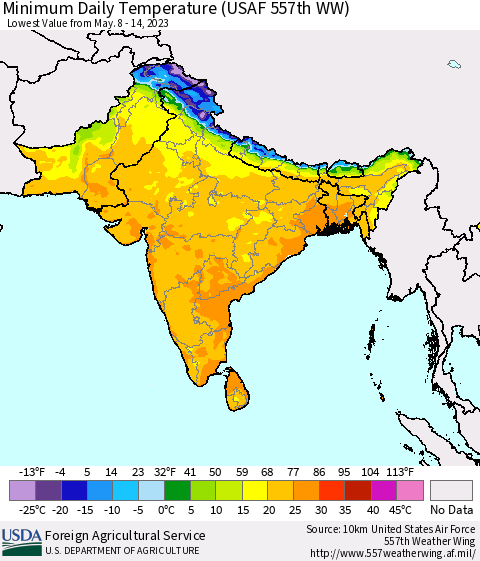 Southern Asia Minimum Daily Temperature (USAF 557th WW) Thematic Map For 5/8/2023 - 5/14/2023