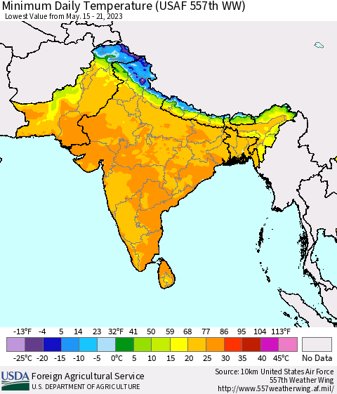 Southern Asia Minimum Daily Temperature (USAF 557th WW) Thematic Map For 5/15/2023 - 5/21/2023