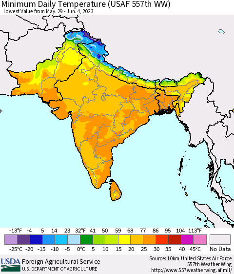 Southern Asia Minimum Daily Temperature (USAF 557th WW) Thematic Map For 5/29/2023 - 6/4/2023