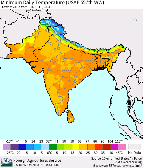 Southern Asia Minimum Daily Temperature (USAF 557th WW) Thematic Map For 6/5/2023 - 6/11/2023