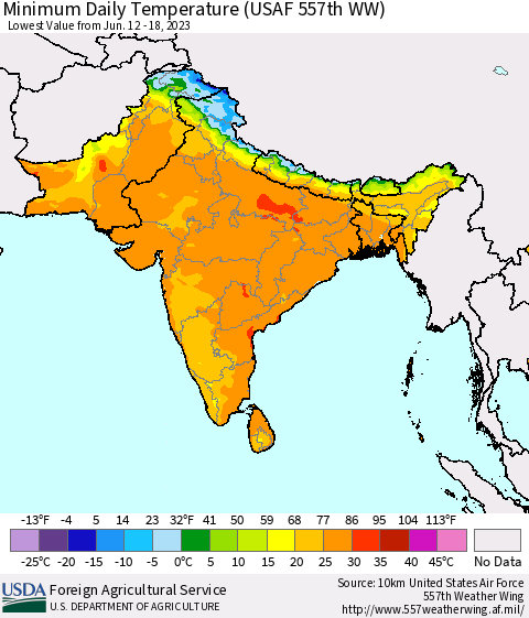 Southern Asia Minimum Daily Temperature (USAF 557th WW) Thematic Map For 6/12/2023 - 6/18/2023
