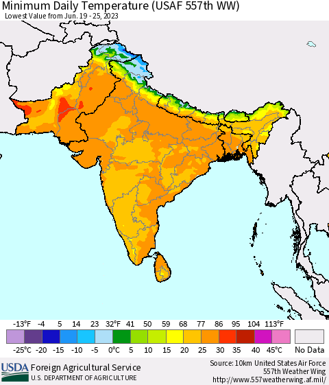 Southern Asia Minimum Daily Temperature (USAF 557th WW) Thematic Map For 6/19/2023 - 6/25/2023