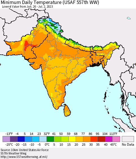 Southern Asia Minimum Daily Temperature (USAF 557th WW) Thematic Map For 6/26/2023 - 7/2/2023