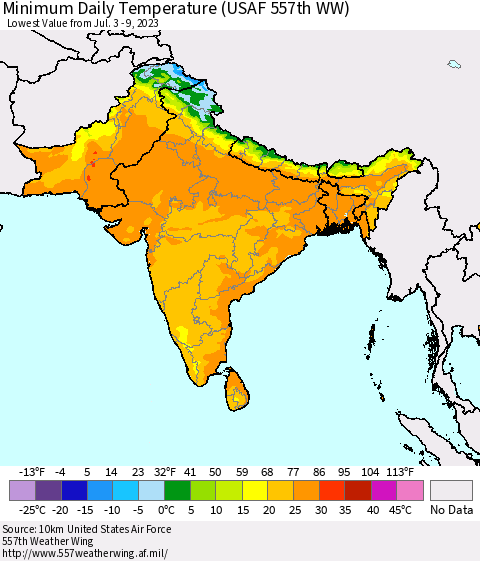 Southern Asia Minimum Daily Temperature (USAF 557th WW) Thematic Map For 7/3/2023 - 7/9/2023