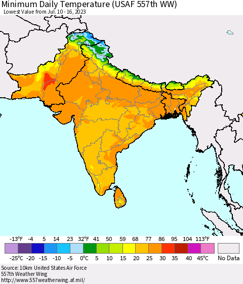 Southern Asia Minimum Daily Temperature (USAF 557th WW) Thematic Map For 7/10/2023 - 7/16/2023