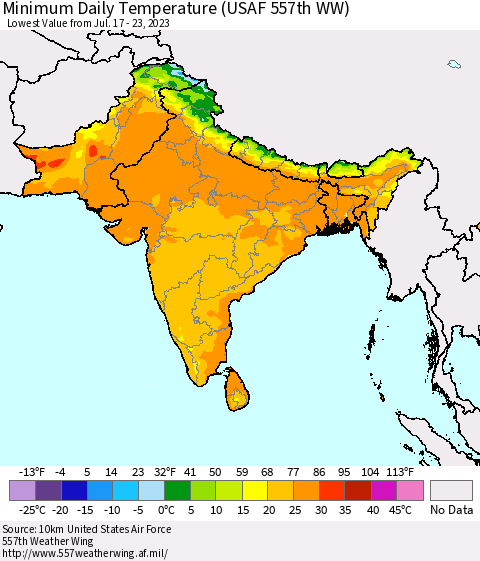 Southern Asia Minimum Daily Temperature (USAF 557th WW) Thematic Map For 7/17/2023 - 7/23/2023