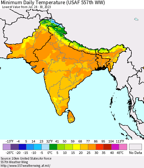 Southern Asia Minimum Daily Temperature (USAF 557th WW) Thematic Map For 7/24/2023 - 7/30/2023