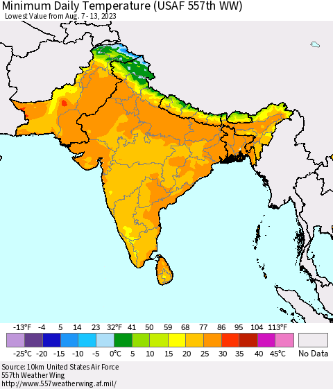 Southern Asia Minimum Daily Temperature (USAF 557th WW) Thematic Map For 8/7/2023 - 8/13/2023