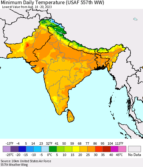 Southern Asia Minimum Daily Temperature (USAF 557th WW) Thematic Map For 8/14/2023 - 8/20/2023