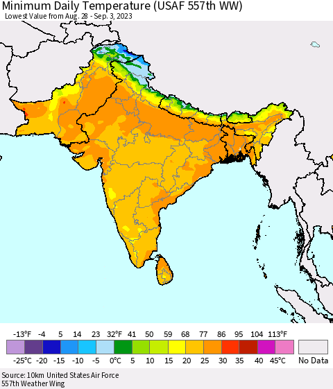 Southern Asia Minimum Daily Temperature (USAF 557th WW) Thematic Map For 8/28/2023 - 9/3/2023