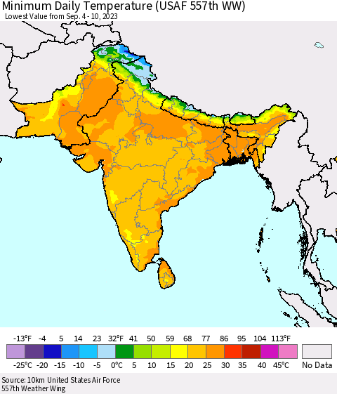 Southern Asia Minimum Daily Temperature (USAF 557th WW) Thematic Map For 9/4/2023 - 9/10/2023